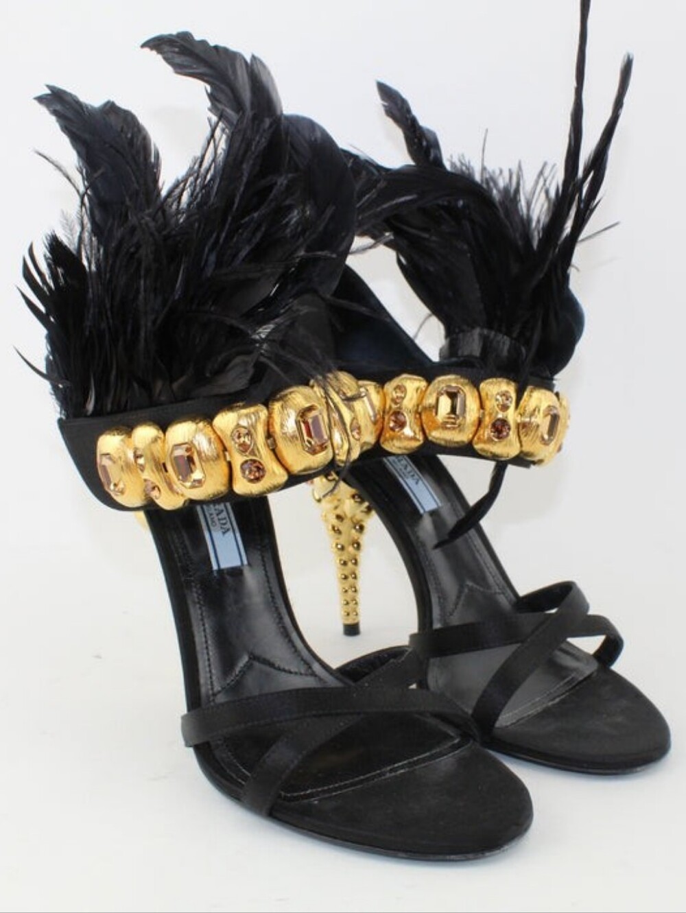 Prada - Black Satin and Feather Ankle Strap Sandals